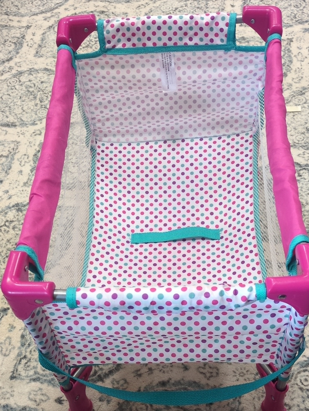 Pink Polka Dot Doll Bassinet with Teal Trim - Kids Toy Cradle